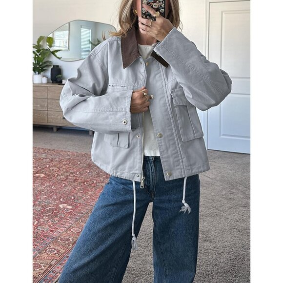 Women Blue Cropped Utility Cargo Coat Contrast Collar Barn Outwear - Picture 3 of 6